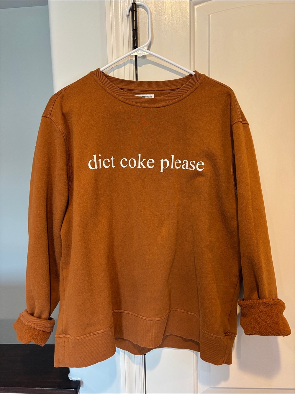 Amazon Essentials Rust Crewneck Sweater with "diet coke please" Text